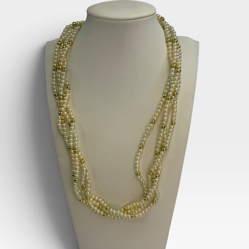Vintage Multi Strand Faux Pearl Necklace Gold Tone Accent Beads Cream Coquette